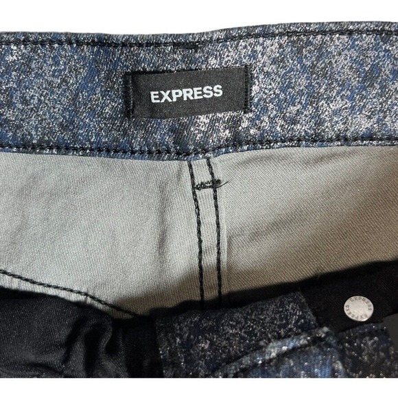 Express Slim Super High Rise Pants Women 4 Blue Silver Metallic New Foil Denim - Picture 6 of 10